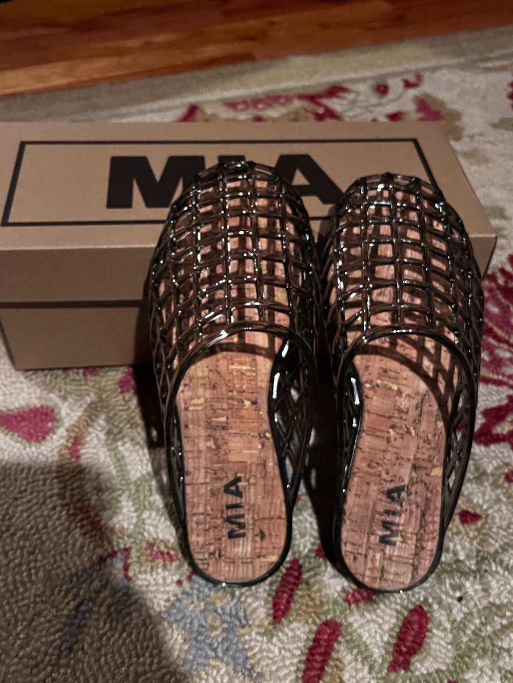 MIA Black Cage Slide JELLY Mules with Cork Footbed